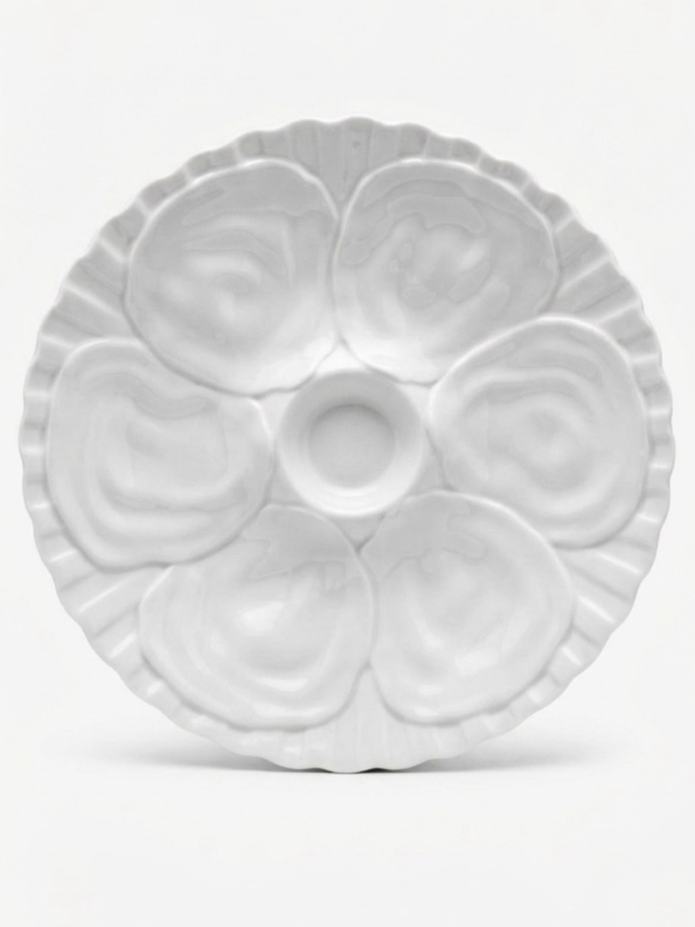 Vintage White Porcelain Oyster Plate 6 Well Shell Wells Center Sauce Well